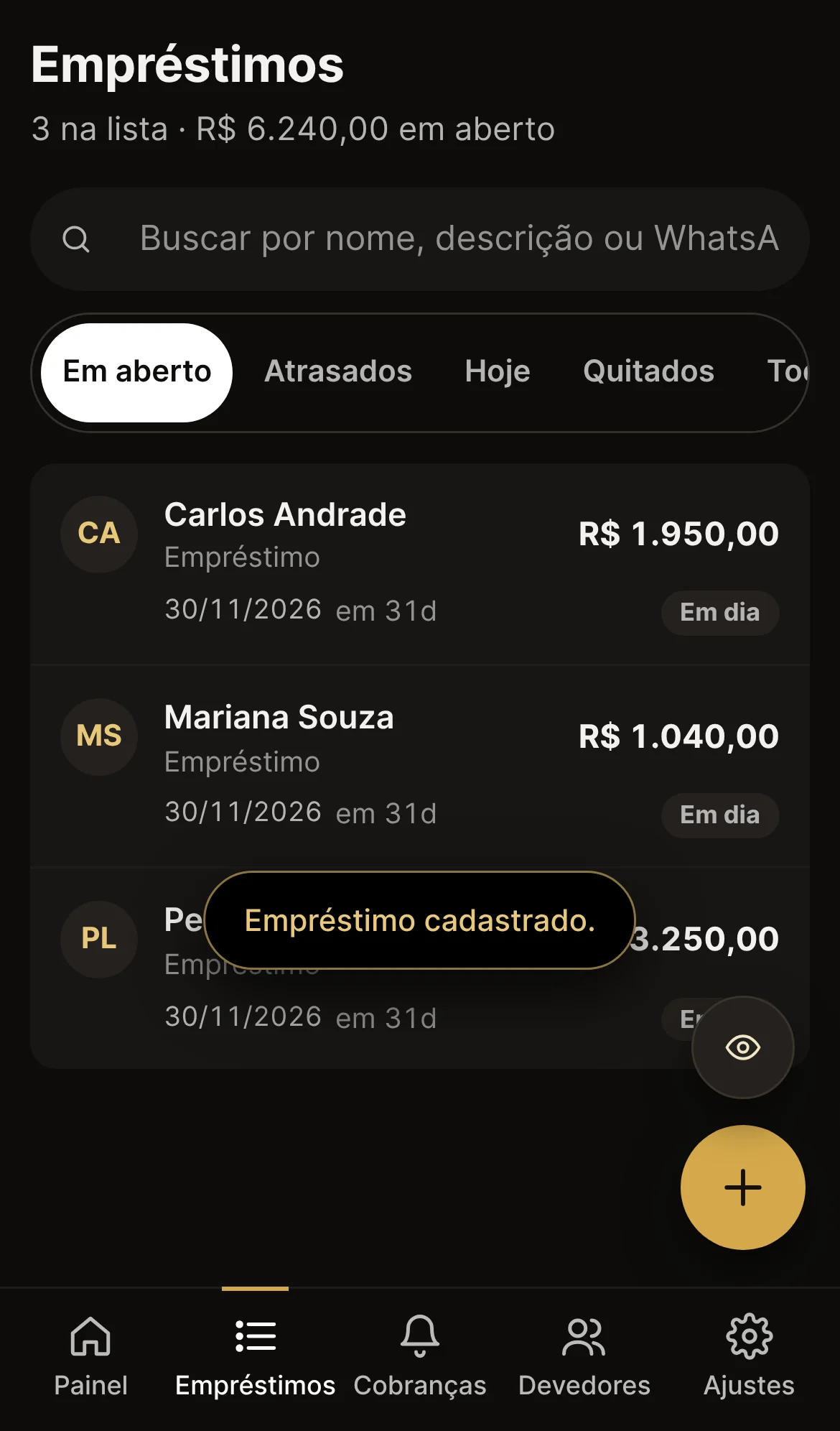 Lista de empréstimos em aberto no Midas Juris