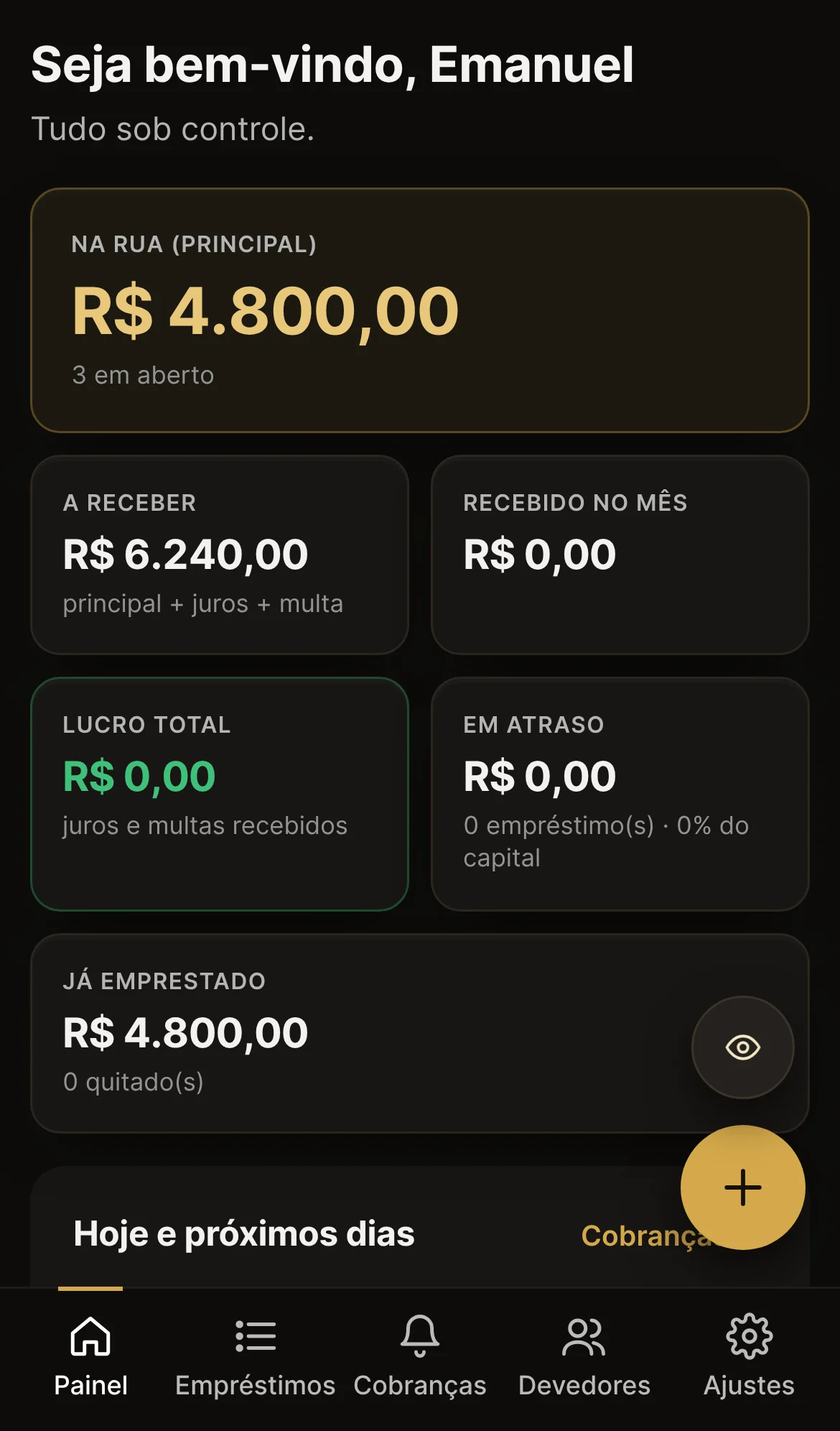 Painel do Midas Juris no celular com dinheiro na rua, a receber e lucro
